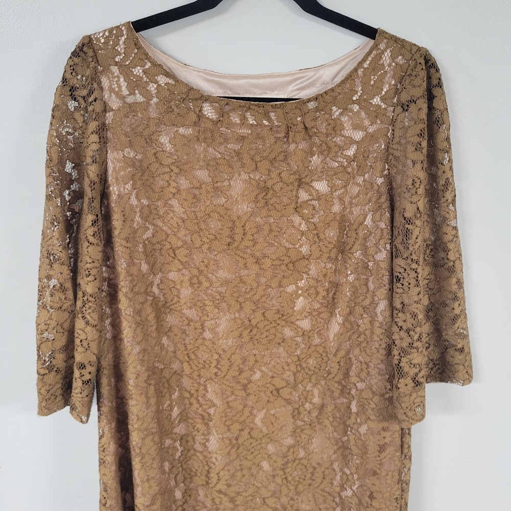 Fossil Gold Lace‎ Dress Lined Midi Cocktail Party Bell Sleeve Elegant